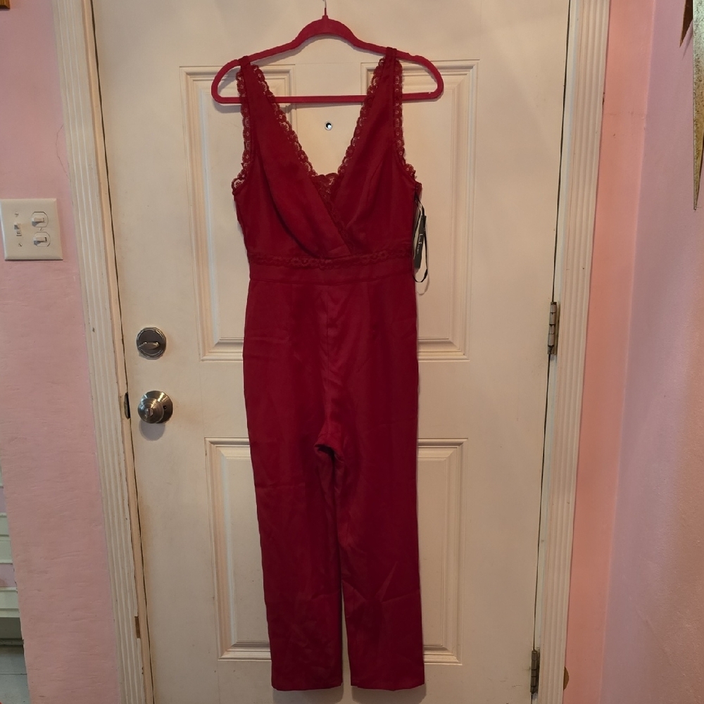 Elegant Red Lace Trim Jumpsuit